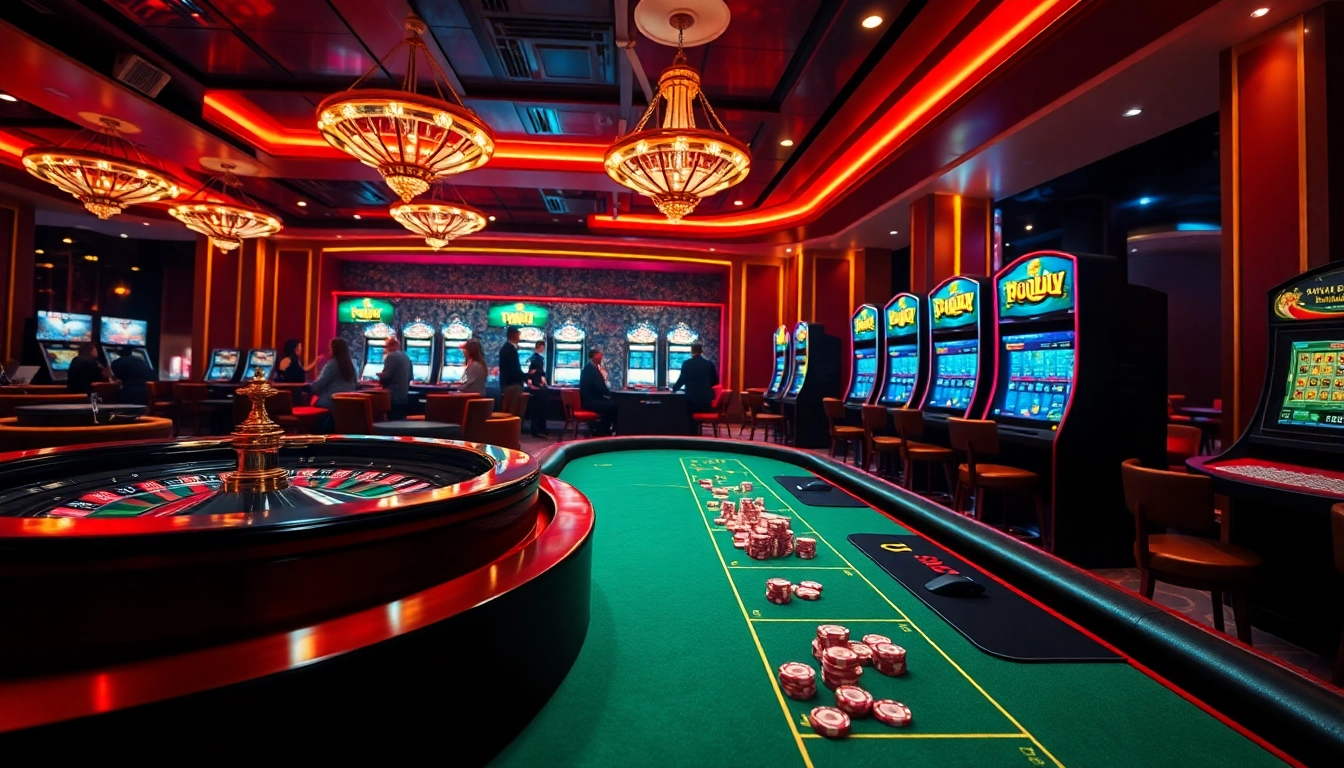 Experience the excitement of an online casino with a vibrant scene showcasing ok roulette and slot machines.