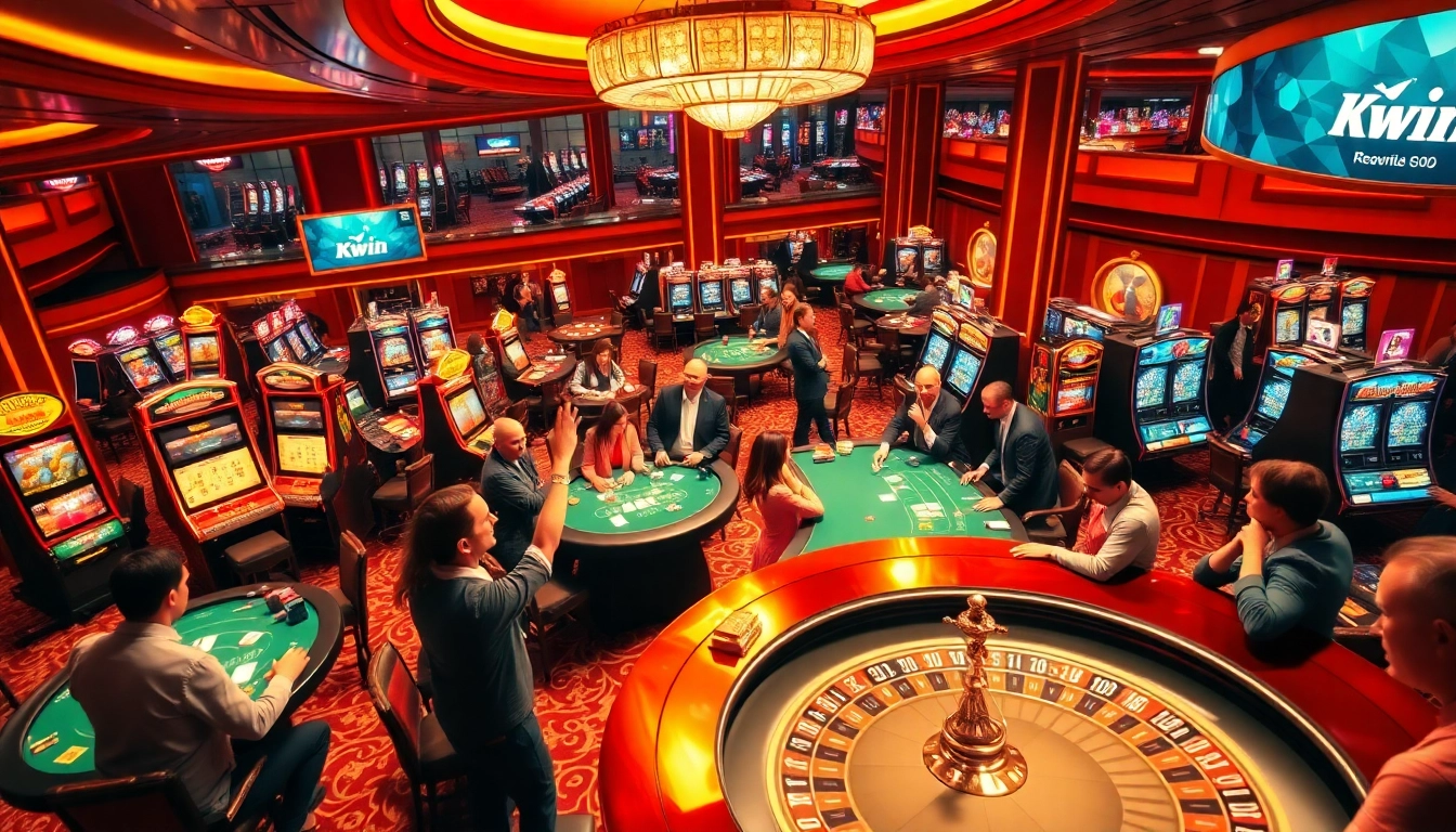 Kwin casino scene showcasing players enjoying thrilling card games and slot machines.