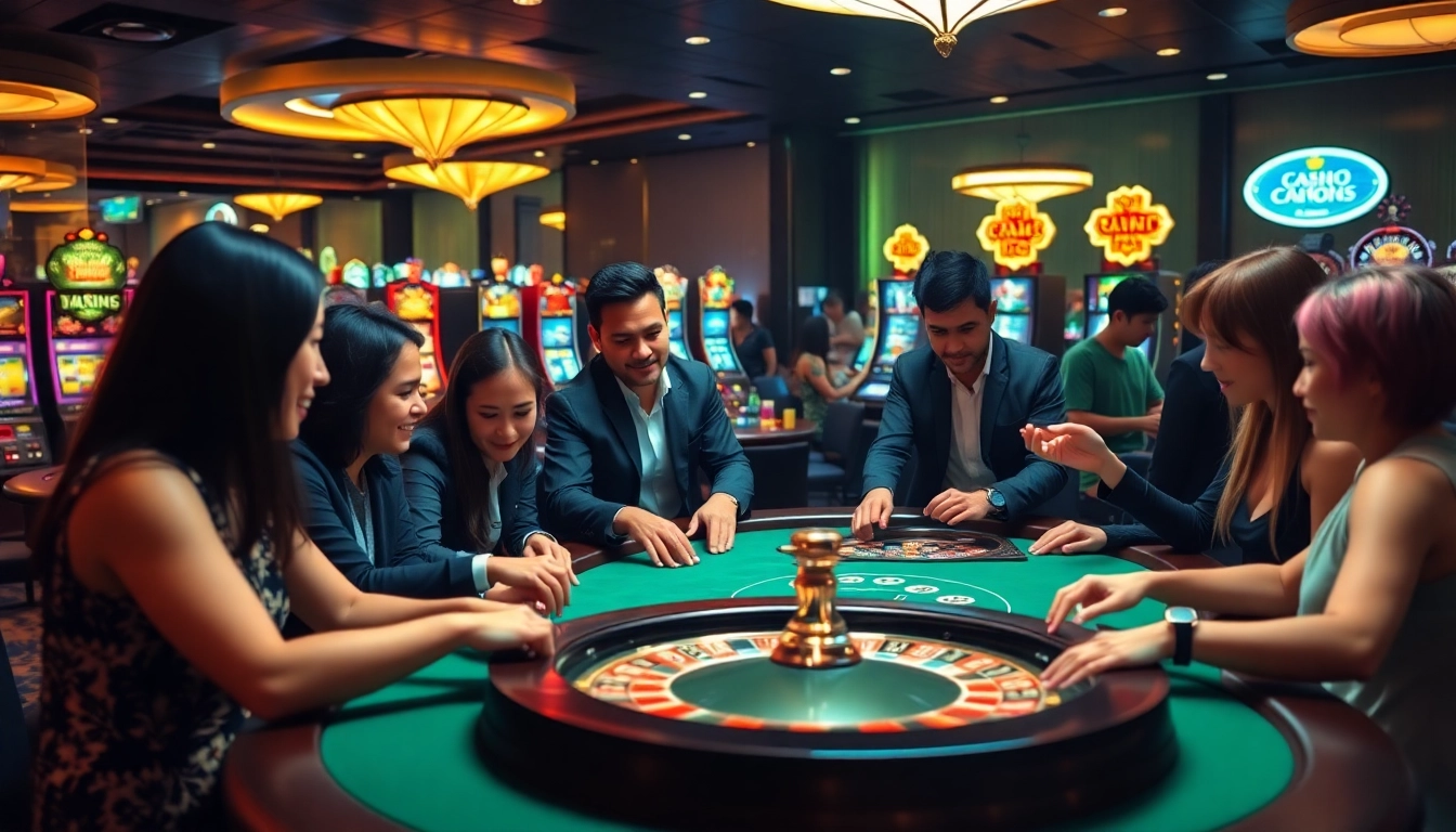 Exciting gameplay at GG88 casino with players at poker and slot machines.