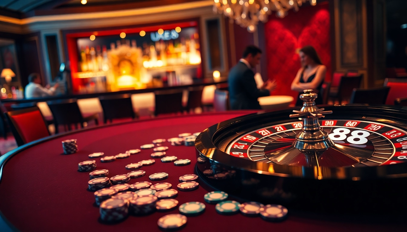 Experience high-stakes gaming at UK88 with an elegant poker table and roulette wheel.