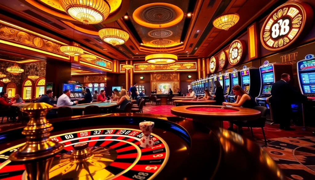 Experience high-stakes play at hay 88 in a luxury casino ambiance with roulette and poker tables.