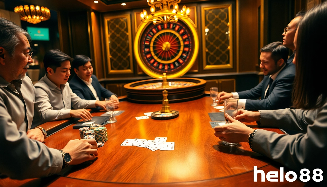 Players engage in a thrilling poker game at a luxurious table under ambient lighting, highlighting hello88 excitement.