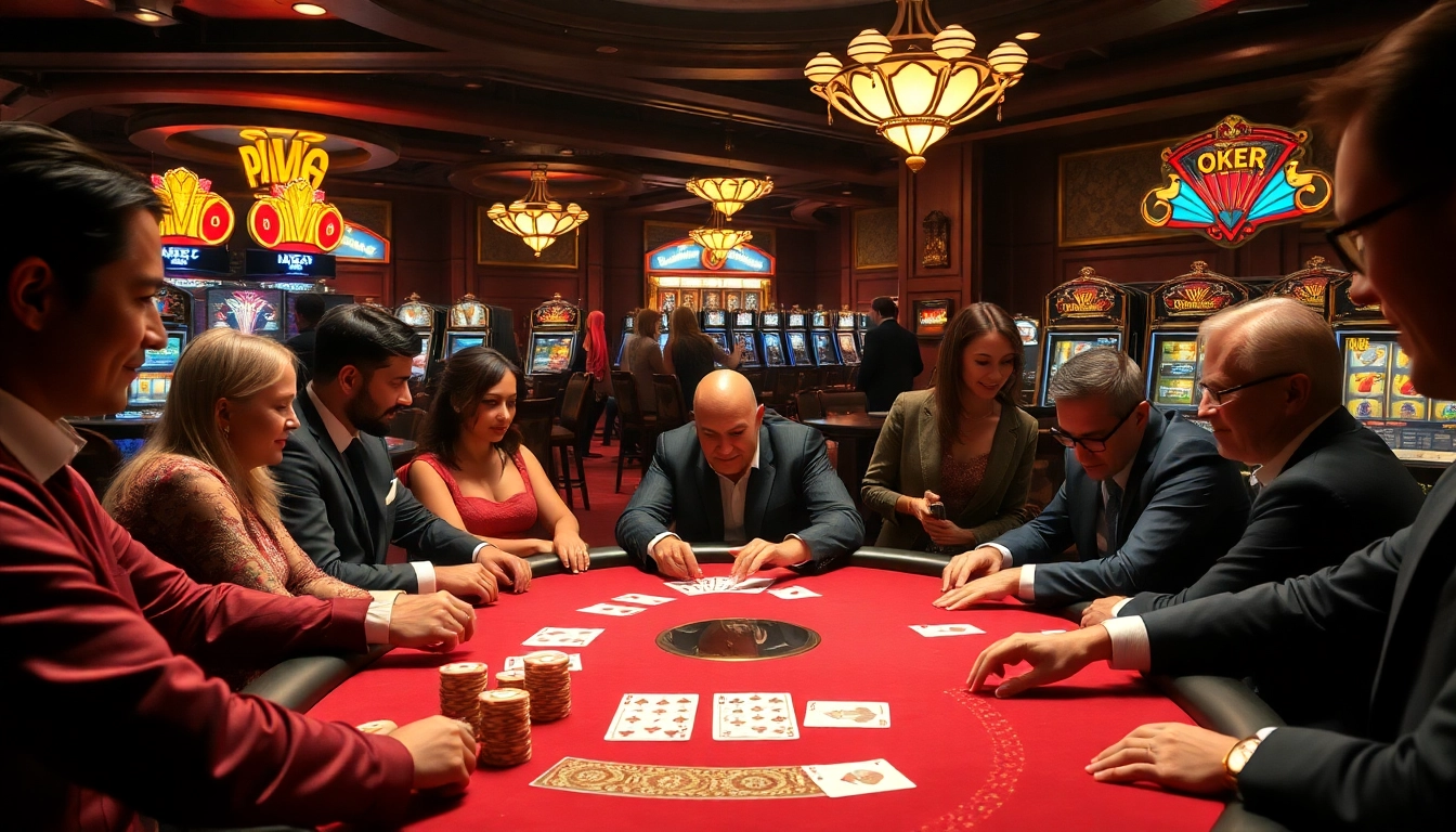 Engage with okking at a high-stakes poker game, featuring luxurious chips and vibrant gaming ambiance.