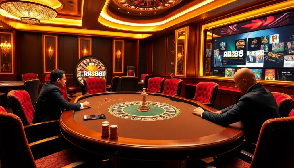 RR88 players engaging around a luxurious poker table in a vibrant casino environment.