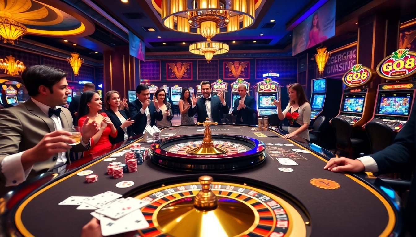 GO8 casino table with poker chips and cards, showcasing high stakes excitement.
