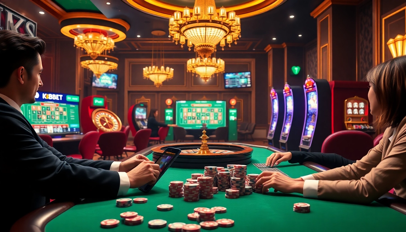 KBBET users enjoying an engaging online casino atmosphere with roulette wheels and poker excitement.