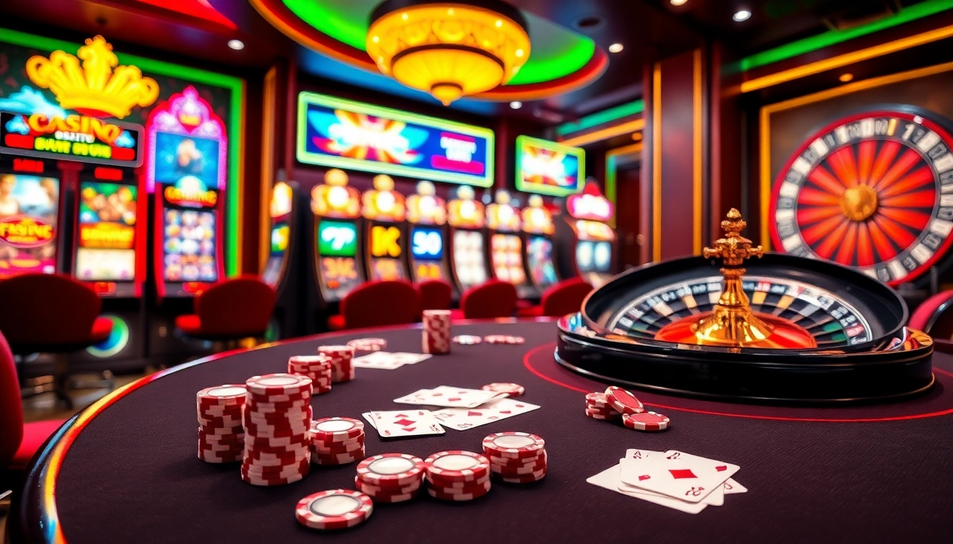 A thrilling gaming scene at https://mb66.golf/ featuring luxurious casino tables, poker chips, and vibrant slot machines.