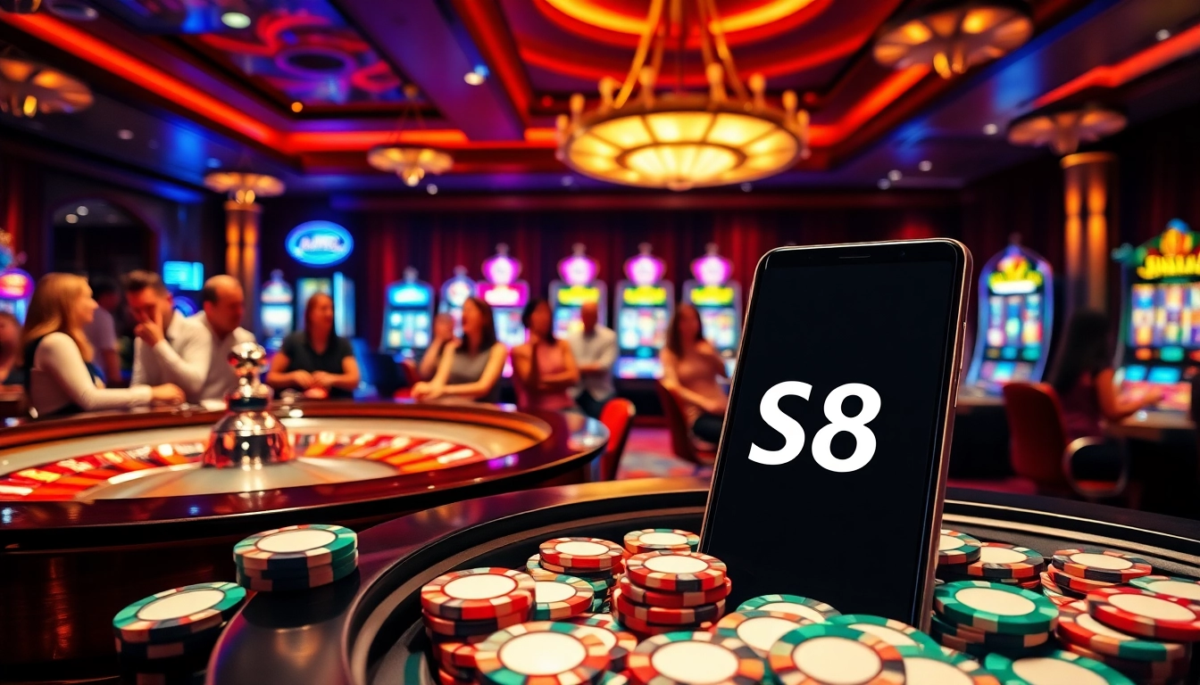 Experience the thrill of gambling with S8-themed casino visuals featuring roulette and poker games.