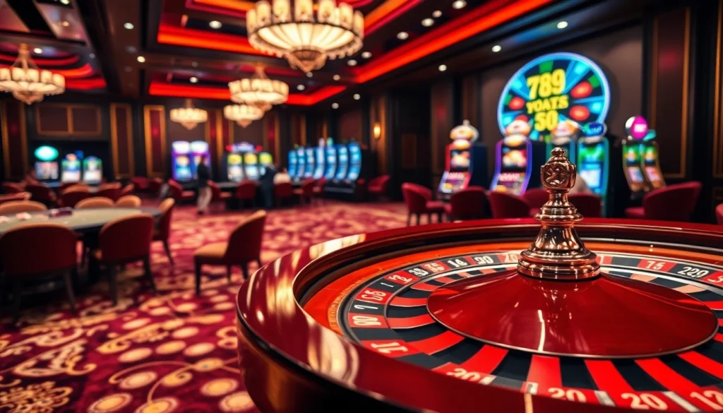 Players enjoying a thrilling gaming experience at 789F casino, with a roulette table and vibrant slot machines.