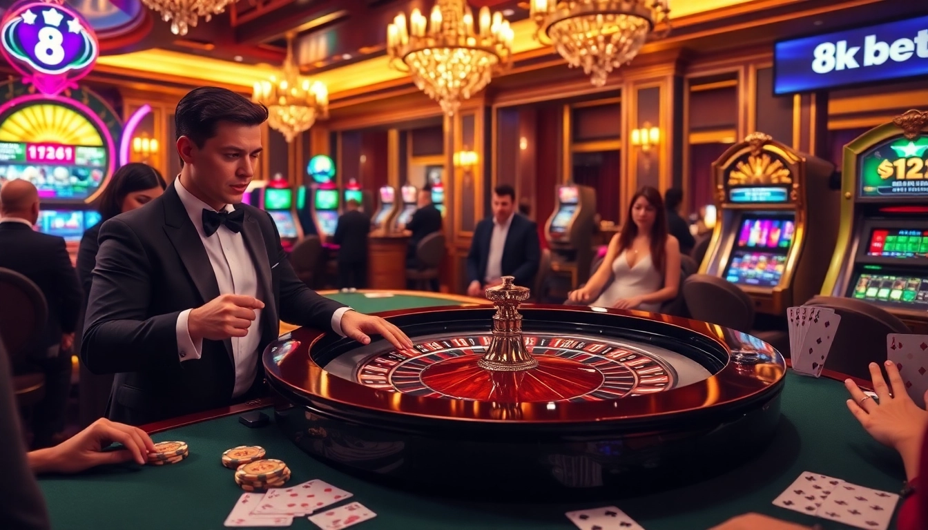Experience excitement at 8kbet with vibrant casino visuals featuring roulette tables, poker chips, and online interfaces.