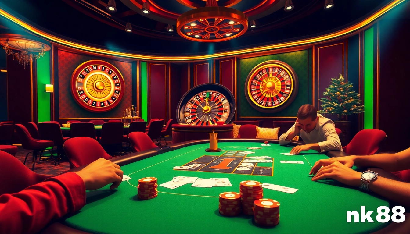 Nk88 players enjoying a high-stakes poker game in an opulent casino setting.
