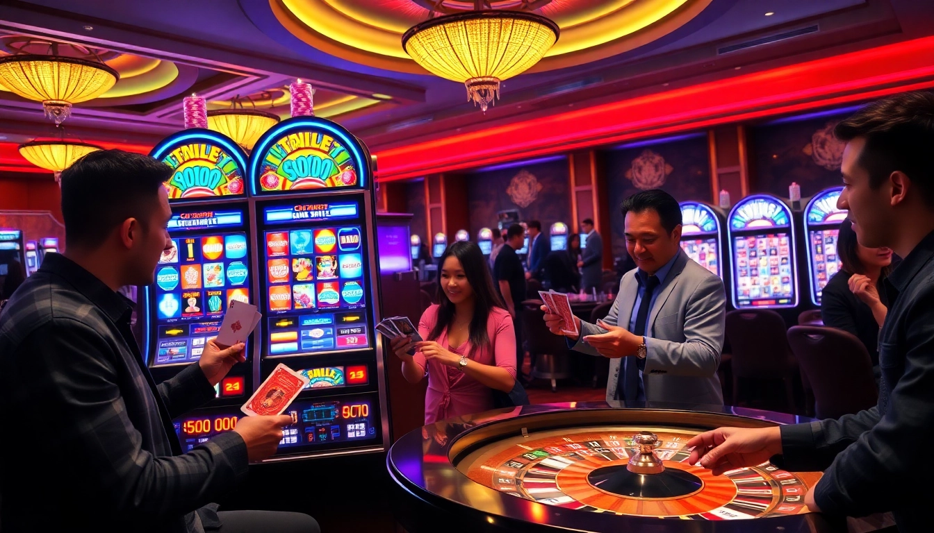 Para pemain menikmati mesin slot pulsa di kasino mewah, dengan warna-warna cerah dan suasana yang menggembirakan.