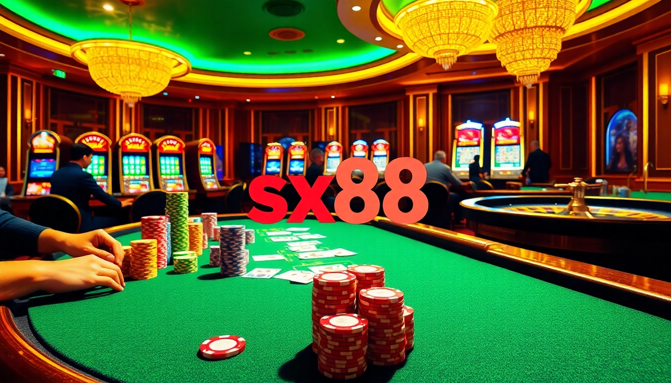 SX88 players strategizing at a luxurious poker table filled with colorful chips and cards.