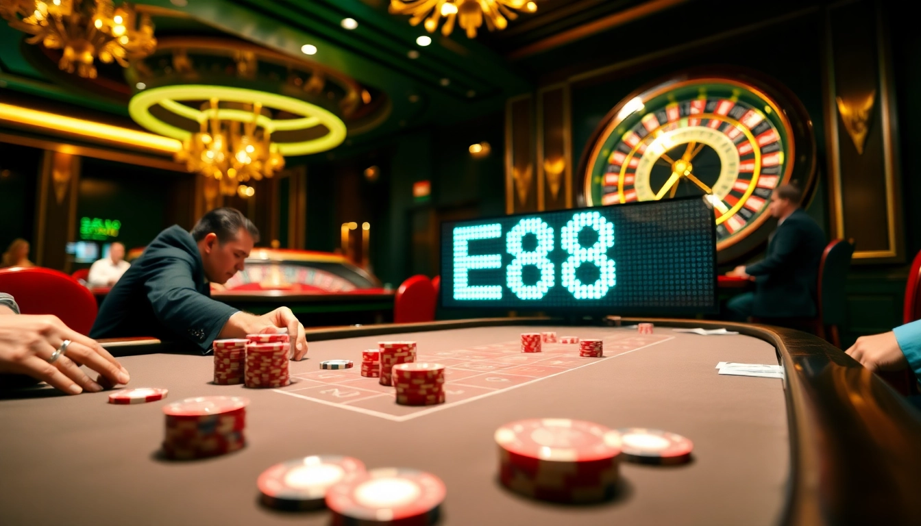 Engaging poker game at EE88 casino with vibrant chips and cards on display.