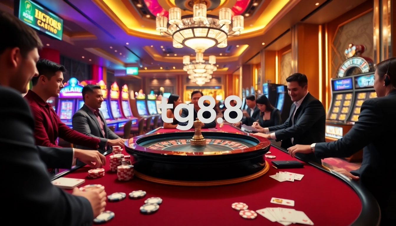 Players enjoying an exciting roulette game at a luxurious casino featuring tg88 branding.