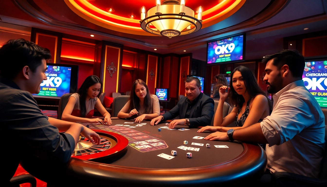 Players enjoying a thrilling poker game at OK9 casino, with vibrant chips and cards on display.