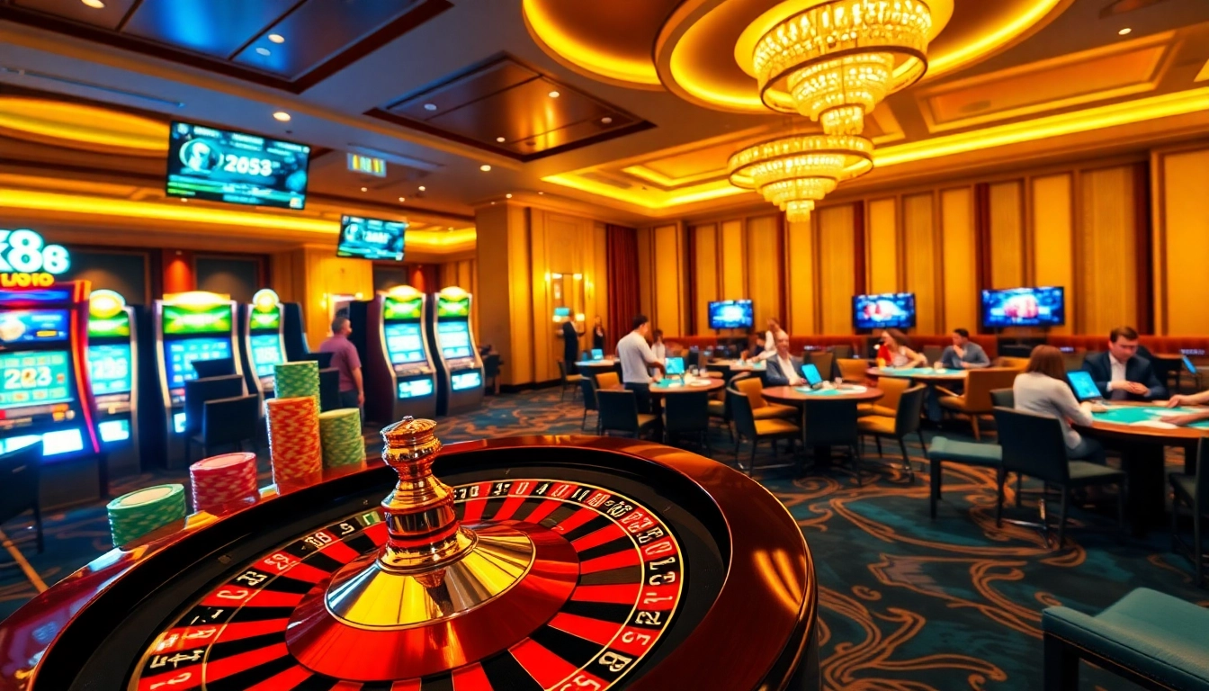 Experience the thrill of NK88 online gambling with vibrant casino visuals showcasing excitement and strategic gameplay.