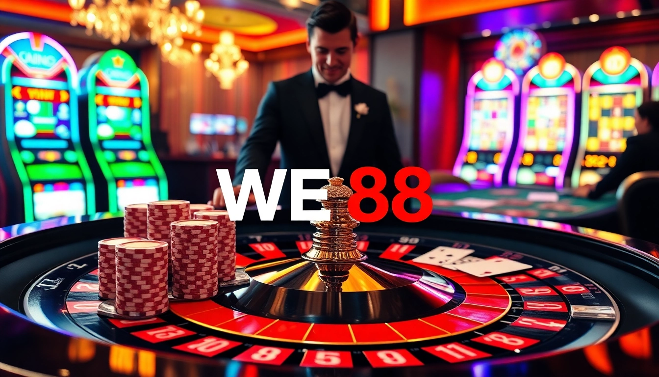 Witness an exciting WE88 casino scene with vibrant tables and chips, showcasing thrilling gaming action.
