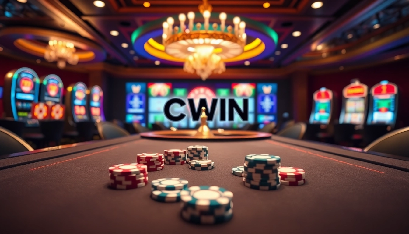 Cwin gaming excitement depicted in a vibrant casino scene with poker chips and roulette wheels.