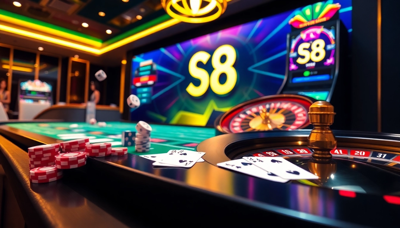 S8 Casino table with poker chips and roulette wheel showcasing excitement of online gambling.