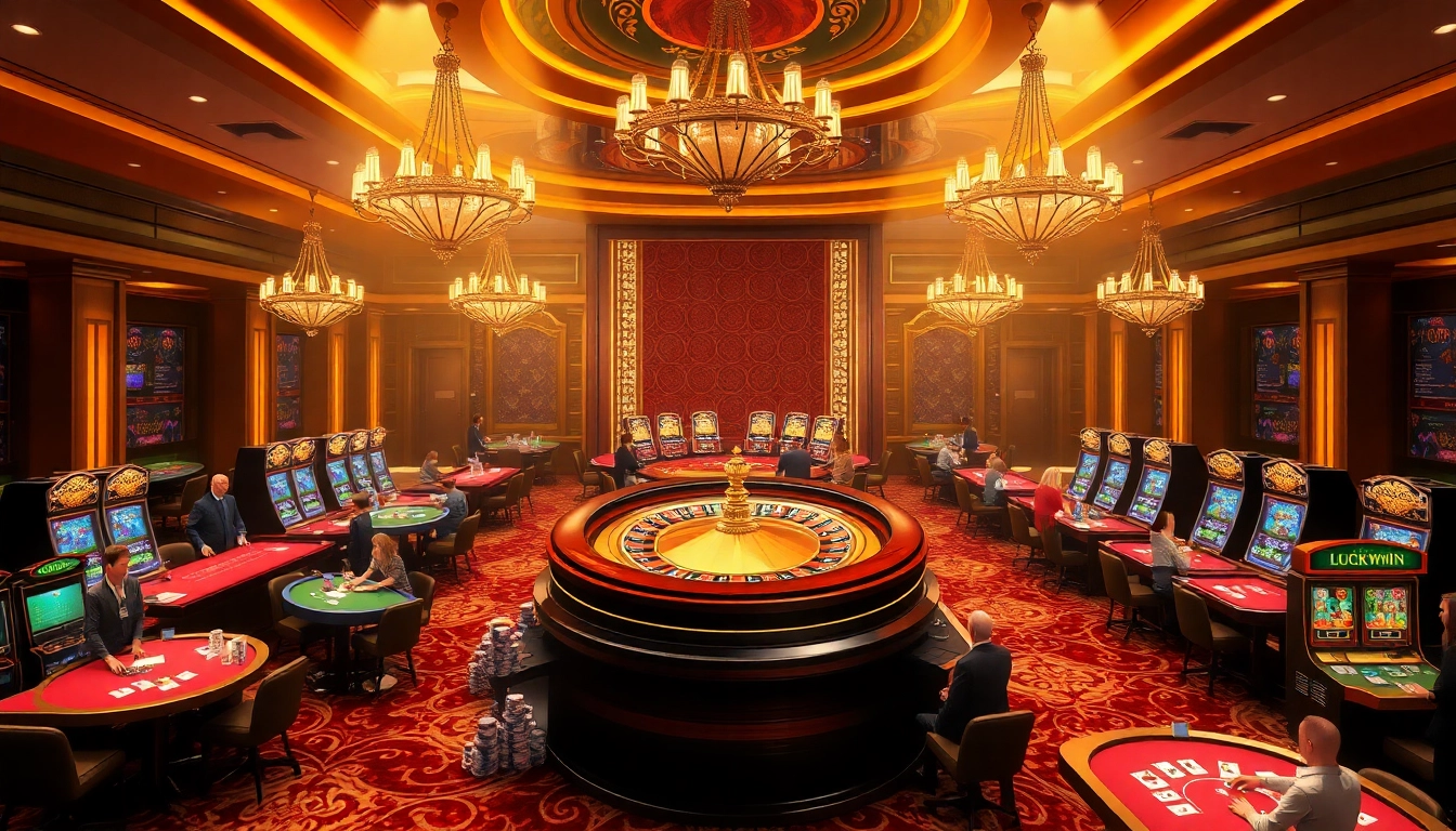 Experience the excitement of Luckywin with vibrant casino tables and roulette in a luxurious setting.