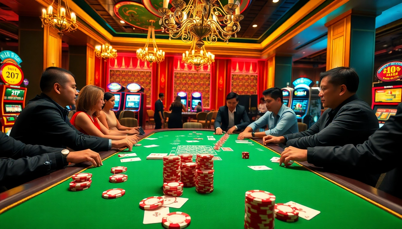 Exciting game bài action with players at a vibrant casino table, capturing the thrill of gambling.