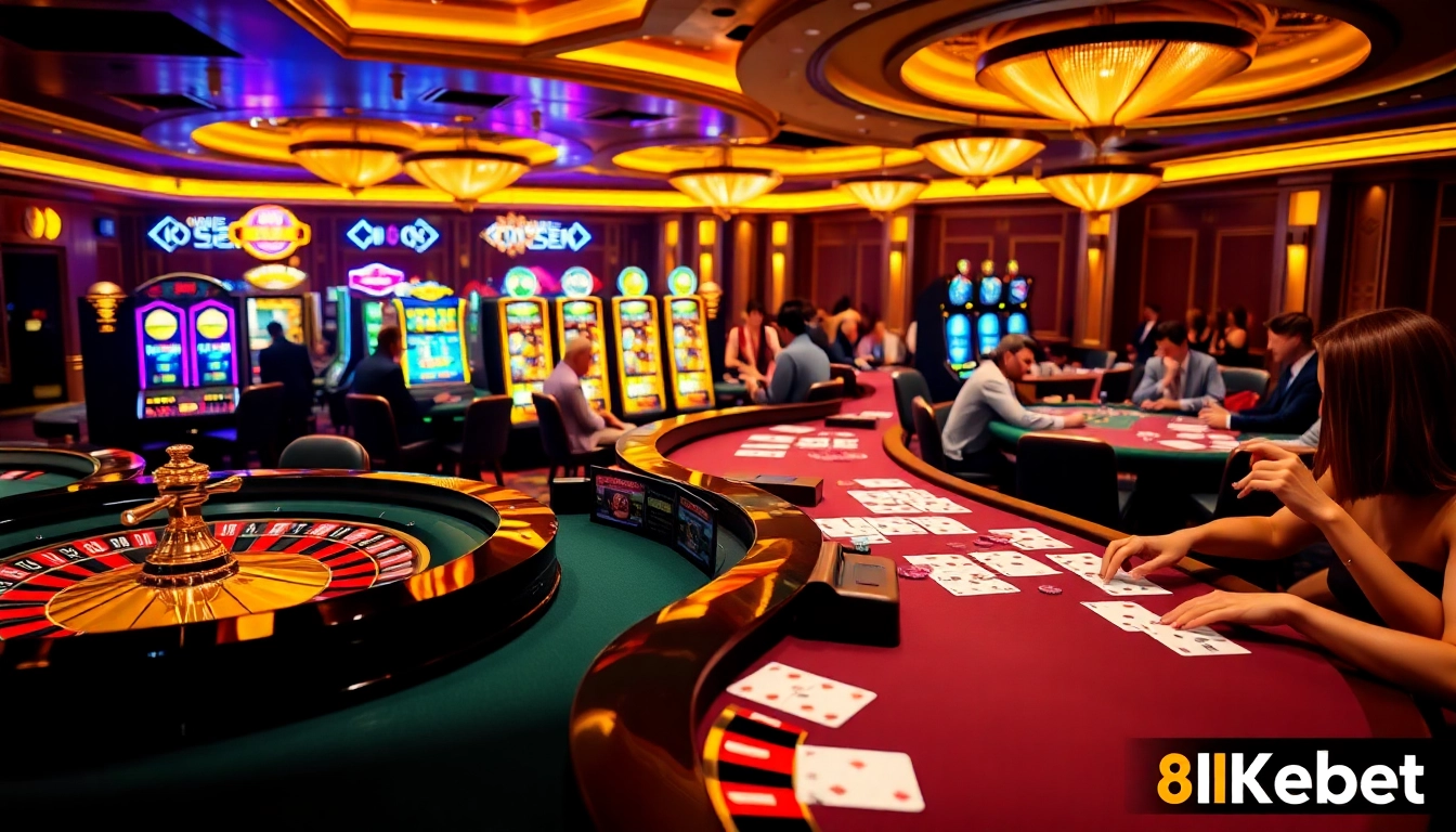 Exciting gameplay at 8kbet 1 casino with roulette wheels and poker tables.