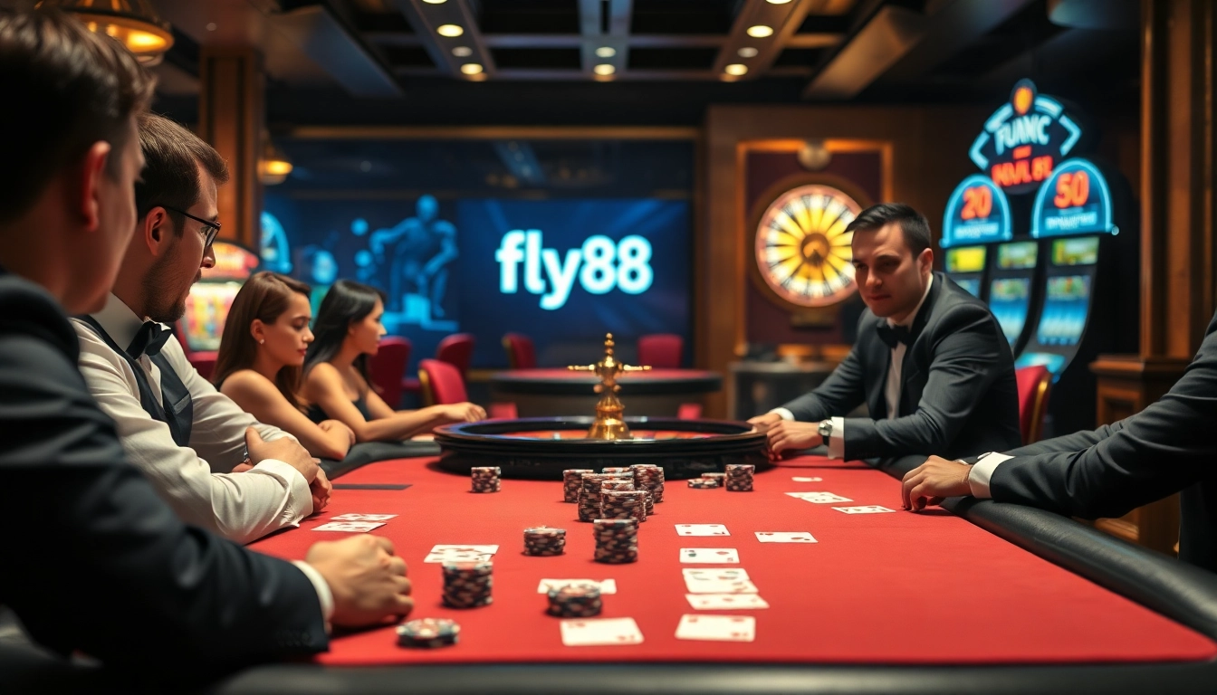 Experience thrilling poker gameplay at fly88, showcasing chips and cards amidst a vibrant casino atmosphere.