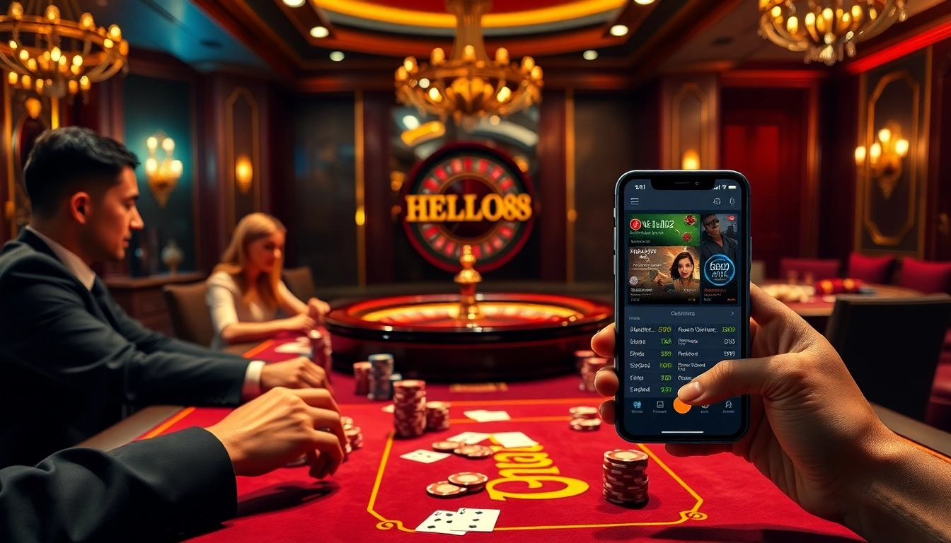 Players at a HELLO88 casino table engaging in an exciting poker game with vibrant chips and cards.