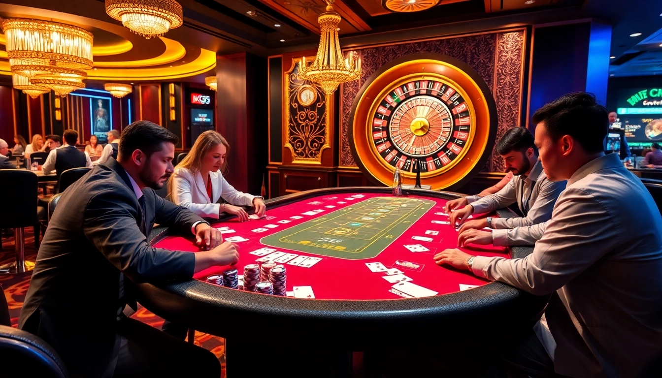 Exciting poker action at https://kk55.host/, showcasing vibrant chips and cards in a luxurious casino setting.