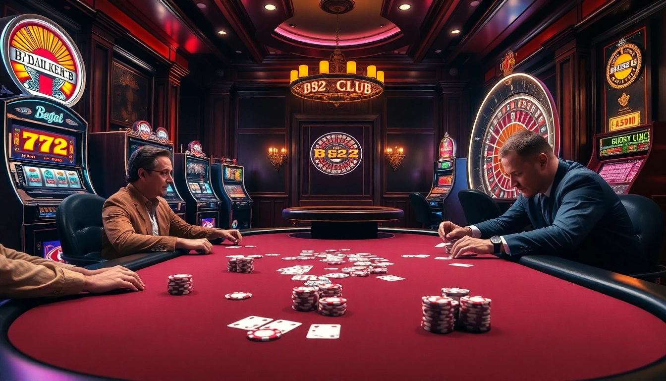 Betting at an upscale poker table in the B52 Club casino, showcasing excitement for gamblers.