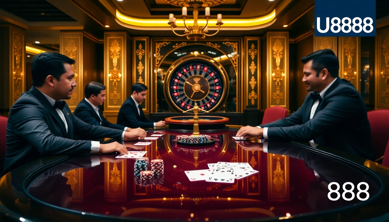 Professional poker players at U888 casino table creating a thrilling atmosphere.