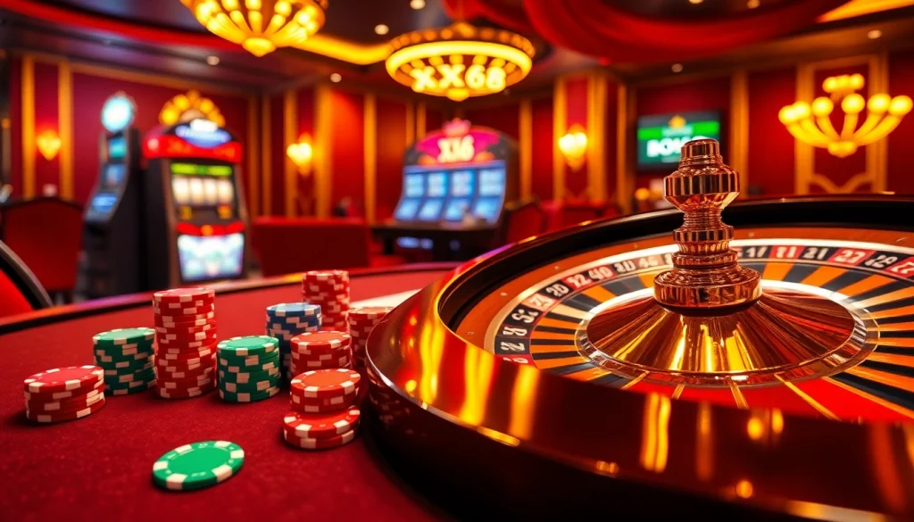 XX88 casino scene showcasing a vibrant poker table and luxurious gaming elements for gamblers.