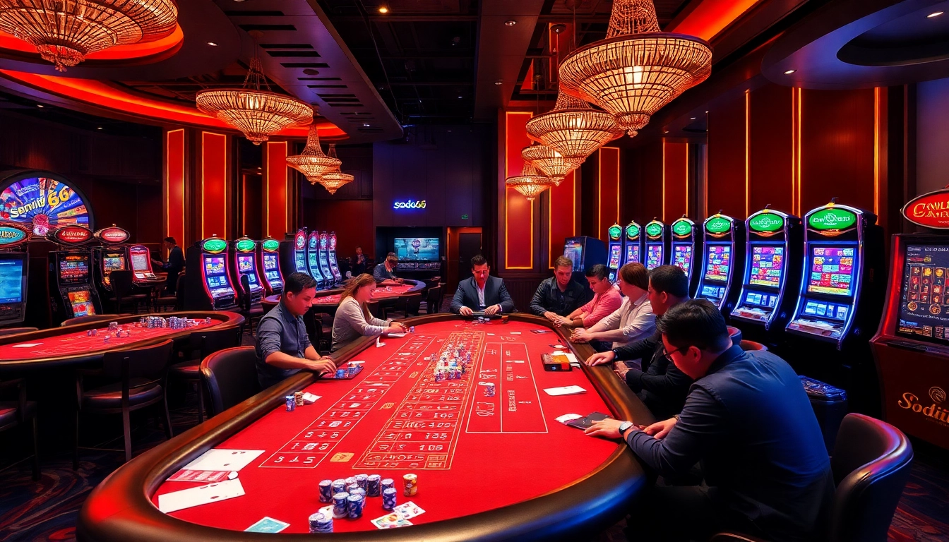 Engaged players enjoying a high-stakes game at sodo66 casino, showcasing vibrant tables and flashing slot machines.