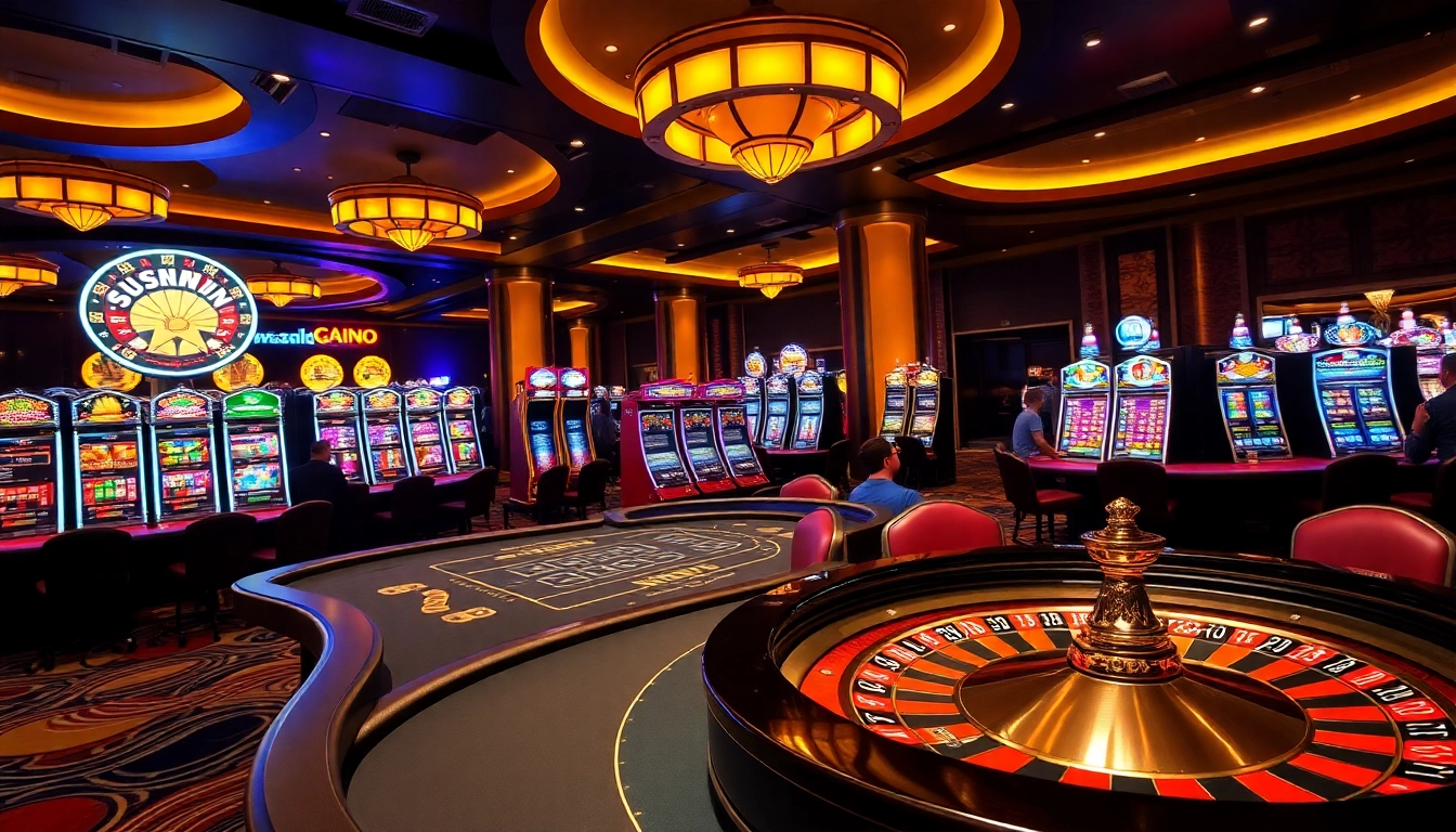 SUNWIN casino scene with vibrant poker tables and a beautiful roulette wheel.