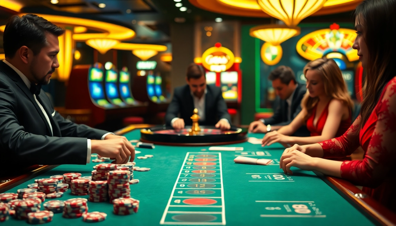 Excited gamblers placing bets at new88bet's vibrant casino table featuring cards and poker chips.