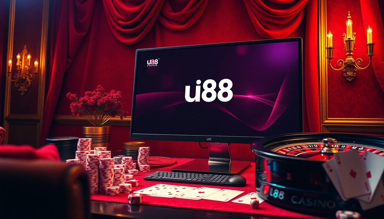 Experience the thrill of uu88 online gambling with vibrant casino visuals featuring poker chips and roulette.