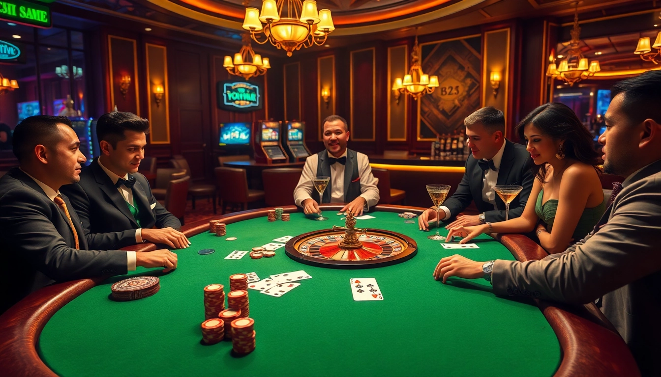B52-themed poker game in a luxurious casino setting with engaged players and high-stakes chips.