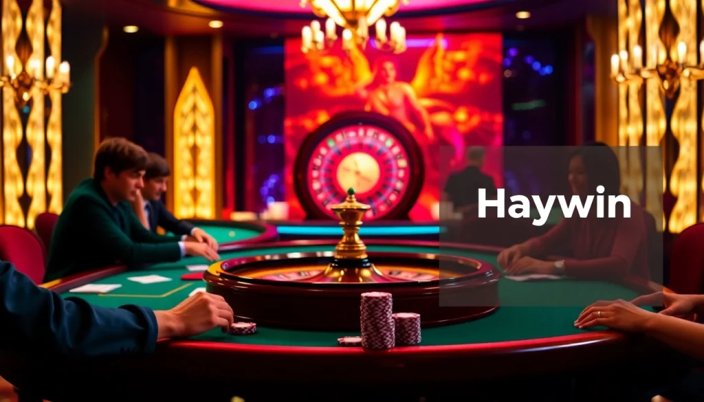 Experience high-stakes excitement at Haywin's luxurious casino tables featuring poker chips and cards.