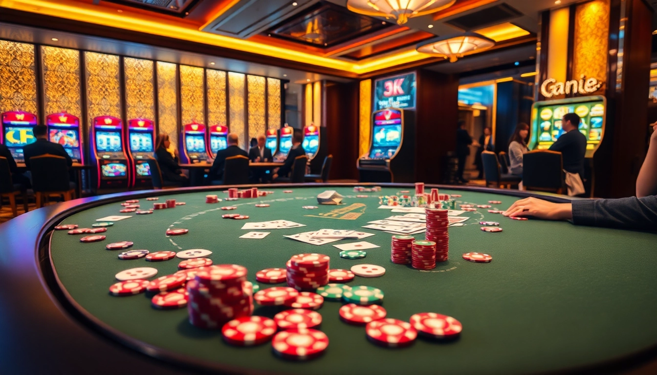 Experience thrilling 'game bài' action at a luxurious casino with colorful cards and poker chips.