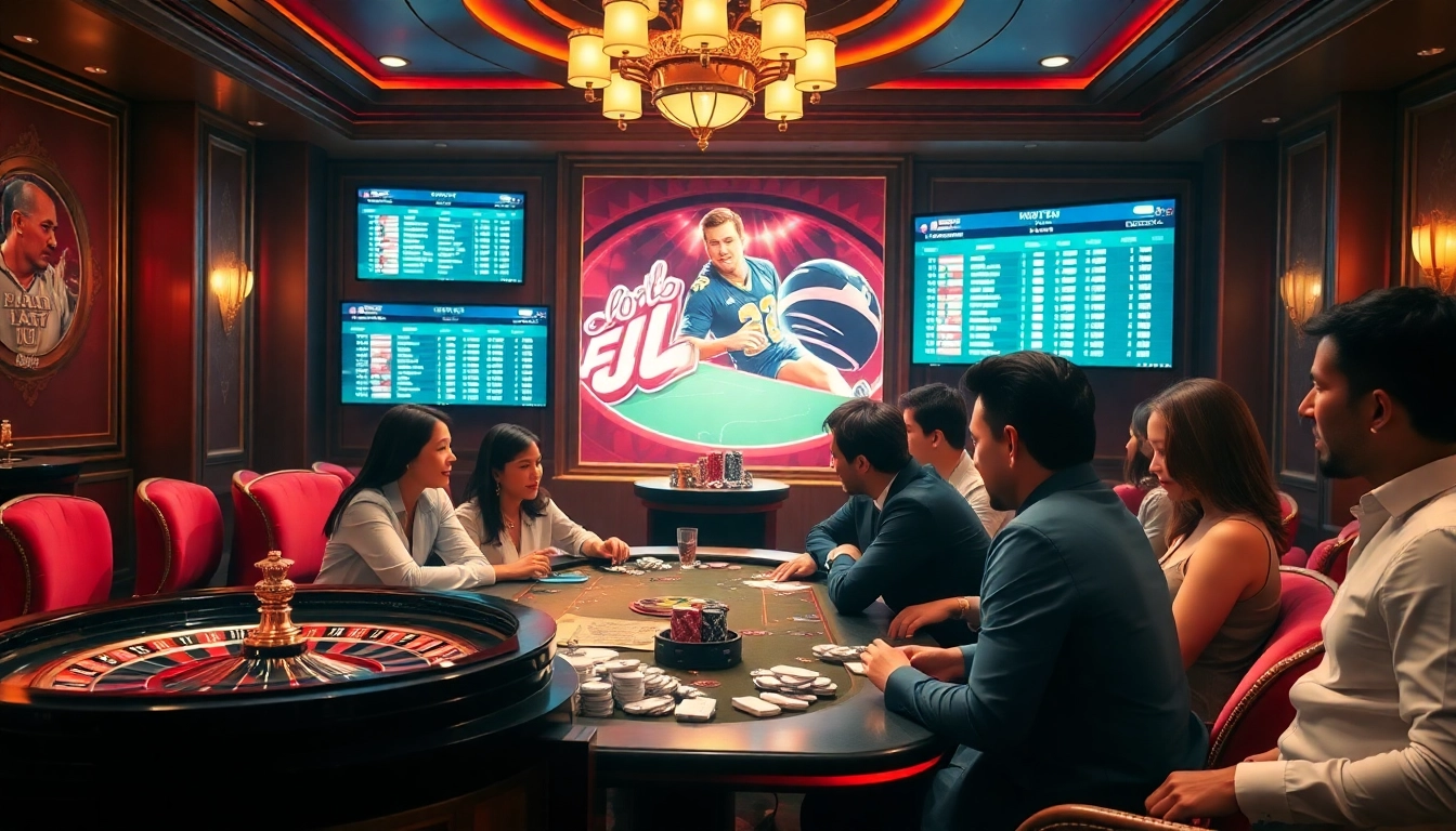 Betting on Kèo Bóng Đá at an elegant casino with roulette wheels and sports displays.