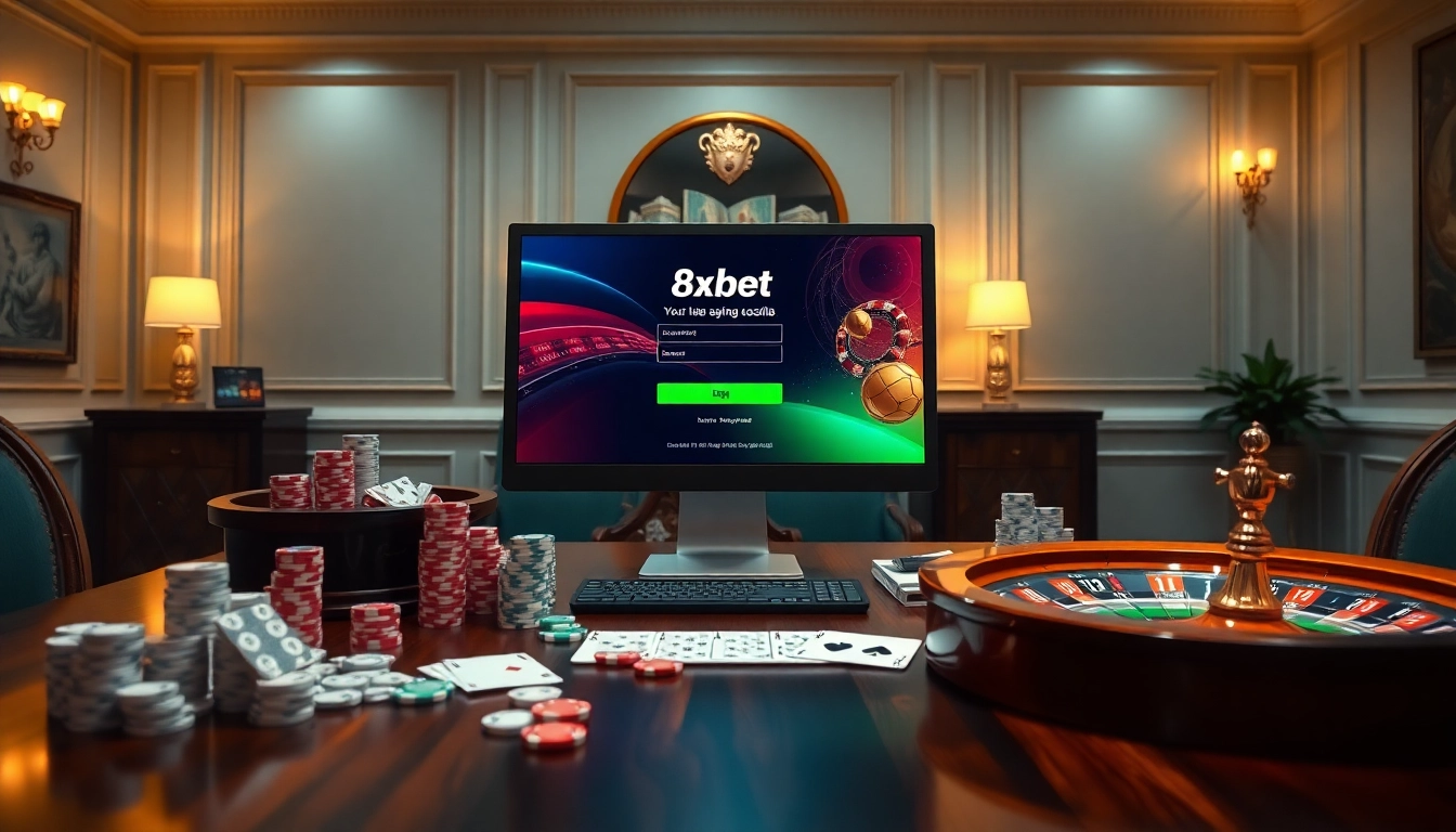 Experience seamless đăng nhập 8xbet with a vibrant online casino interface featuring poker chips and cards.