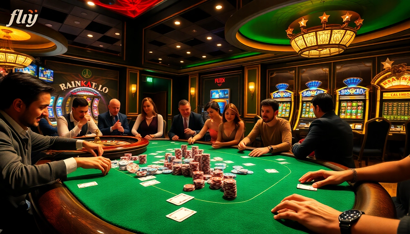 Experience the thrill of poker at fly88, with vibrant chips and intense gameplay in a luxurious casino setting.
