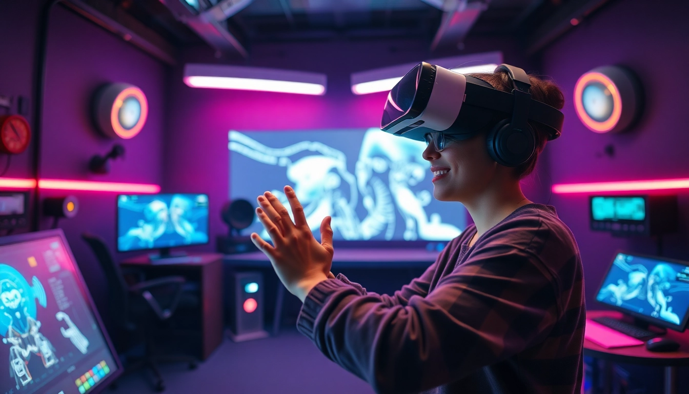 Excited user interacting with an NSFW character AI in a vibrant virtual reality setting.