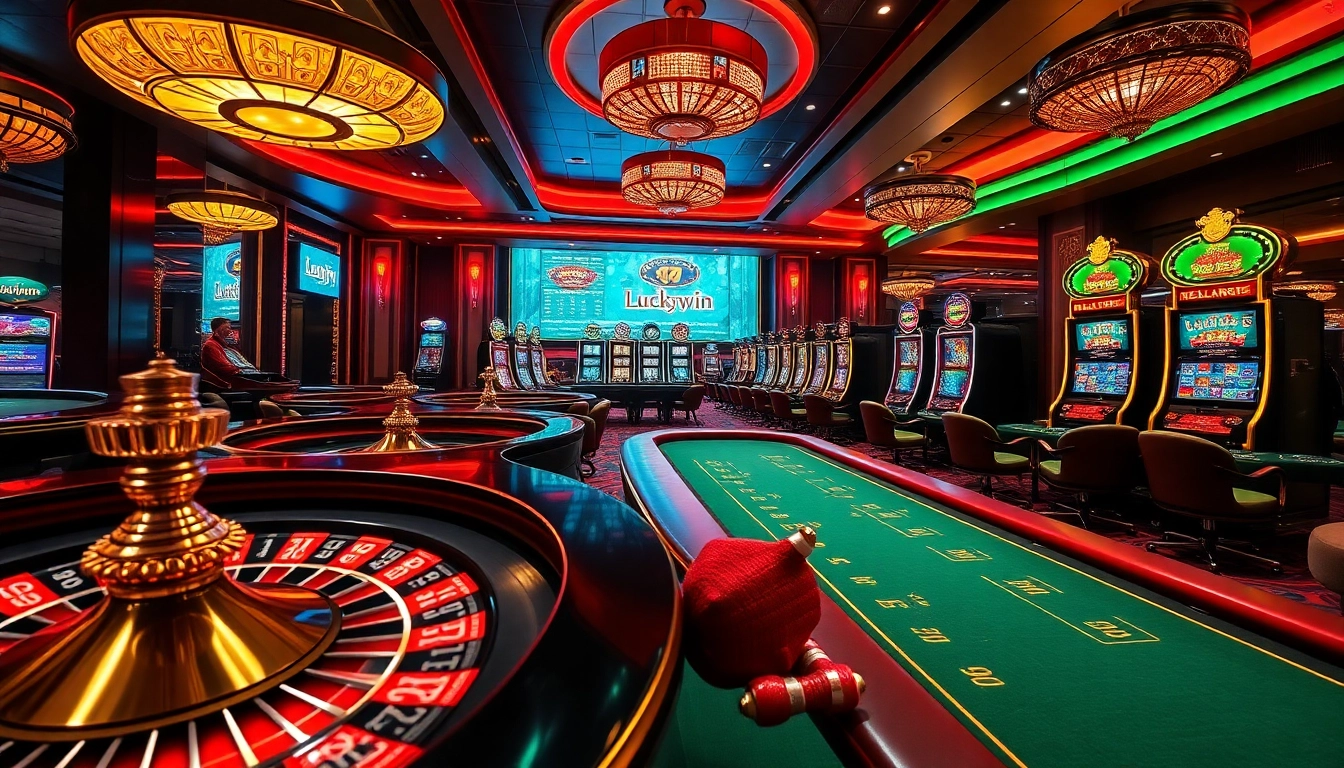 Experience thrilling gameplay at Luckywin's elegant casino tables, featuring vibrant slot machines and roulette wheels.
