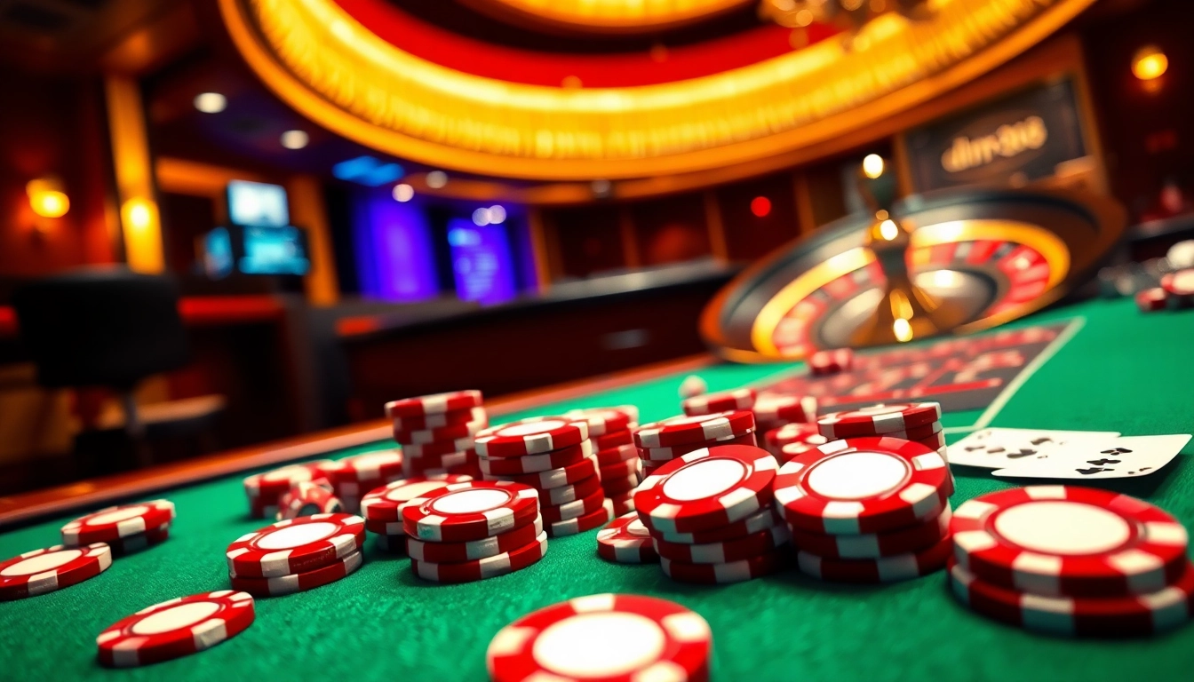 Players engage in an exciting game at the dh88 casino, with vibrant poker chips and a roulette wheel.