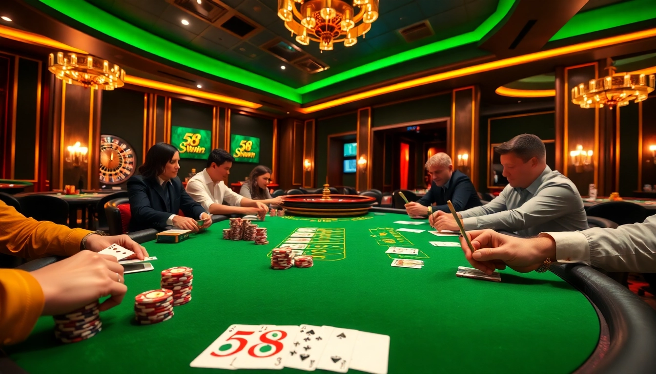 Exciting poker scene highlighting gameplay at 58win.com casino with players and vibrant atmosphere.