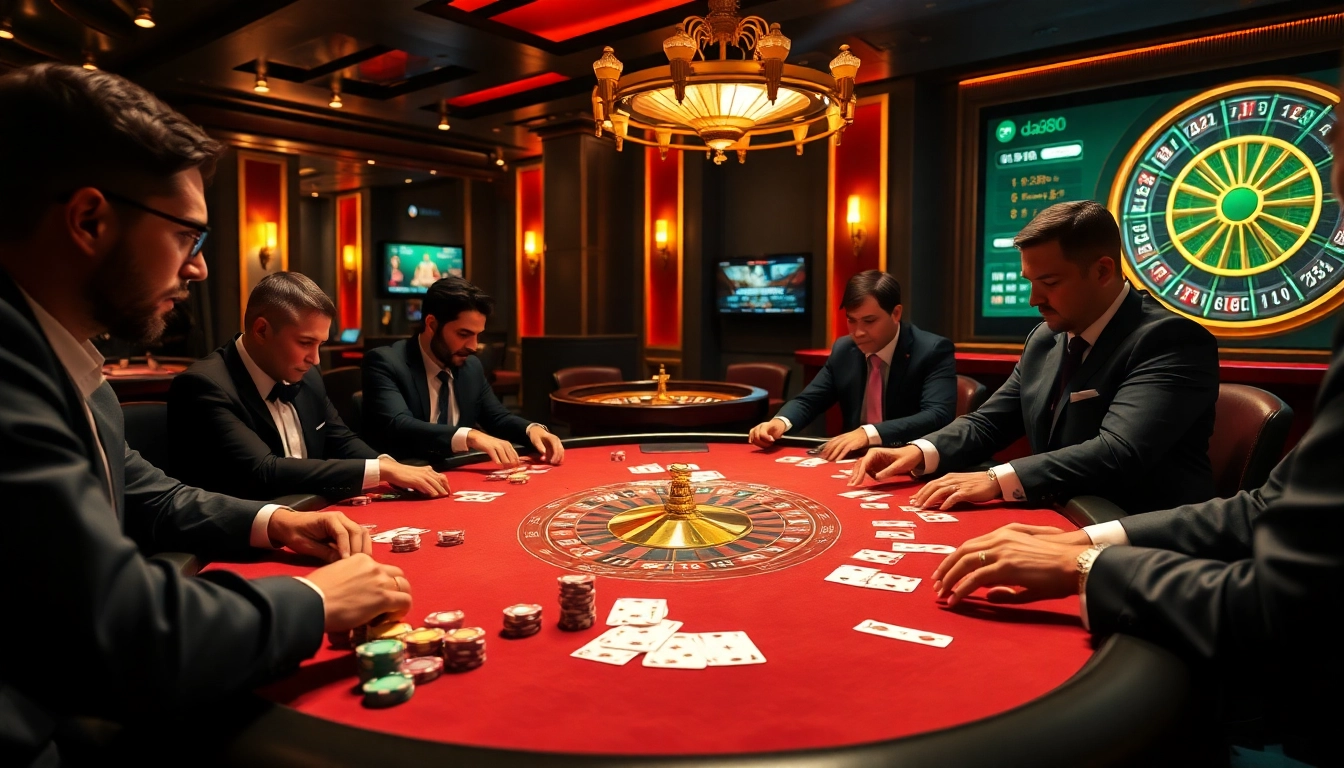 Players strategizing at a da88 poker table, with vibrant chips and cards.