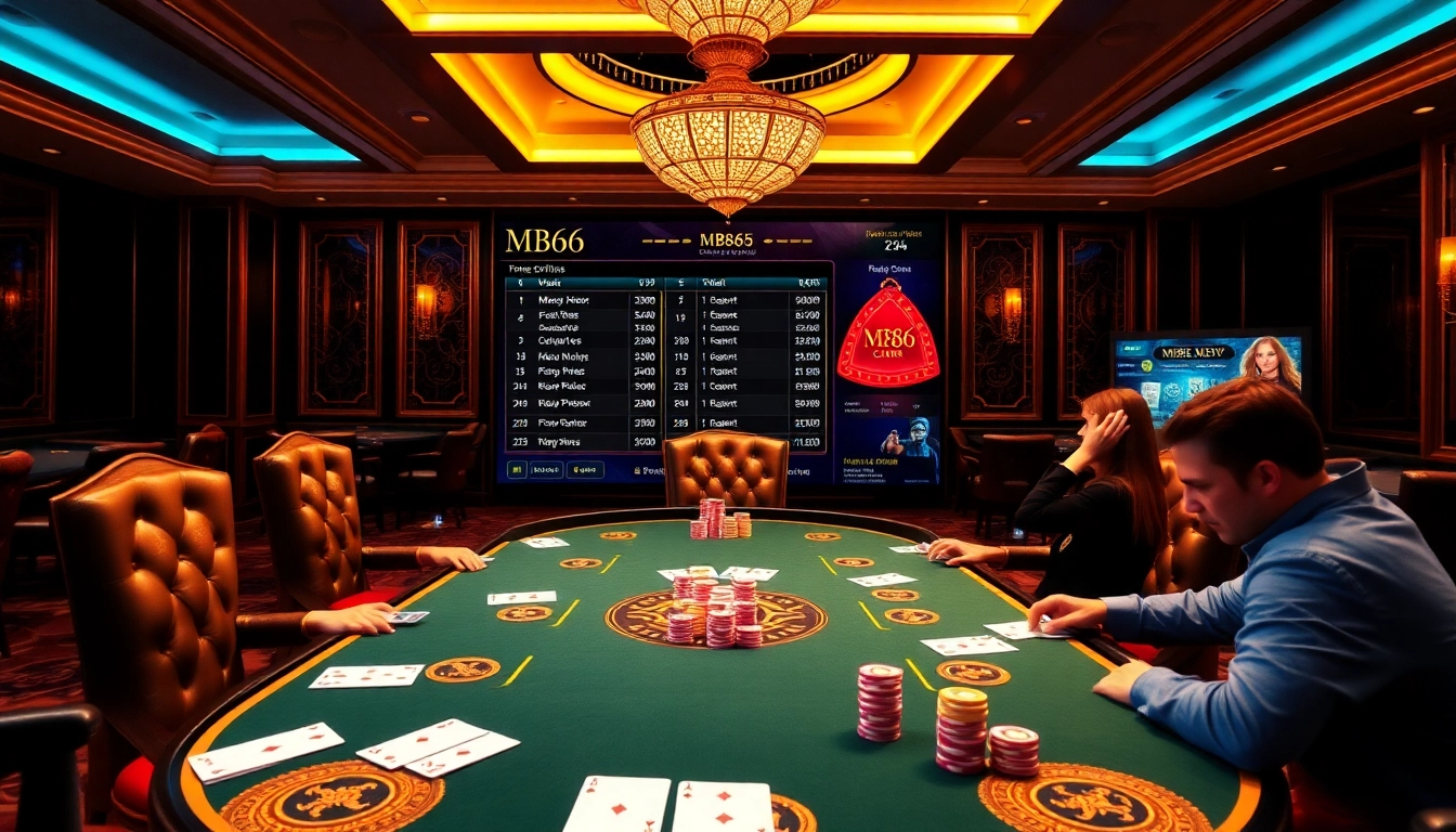 Experience the excitement of MB66 through an elegant poker game in a luxurious casino.