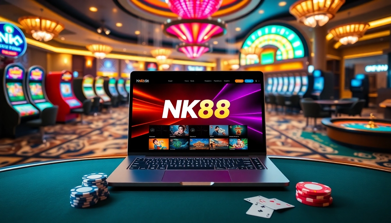 Experience the thrill of online gaming with NK88, showcasing vibrant casino visuals and engaging gameplay.